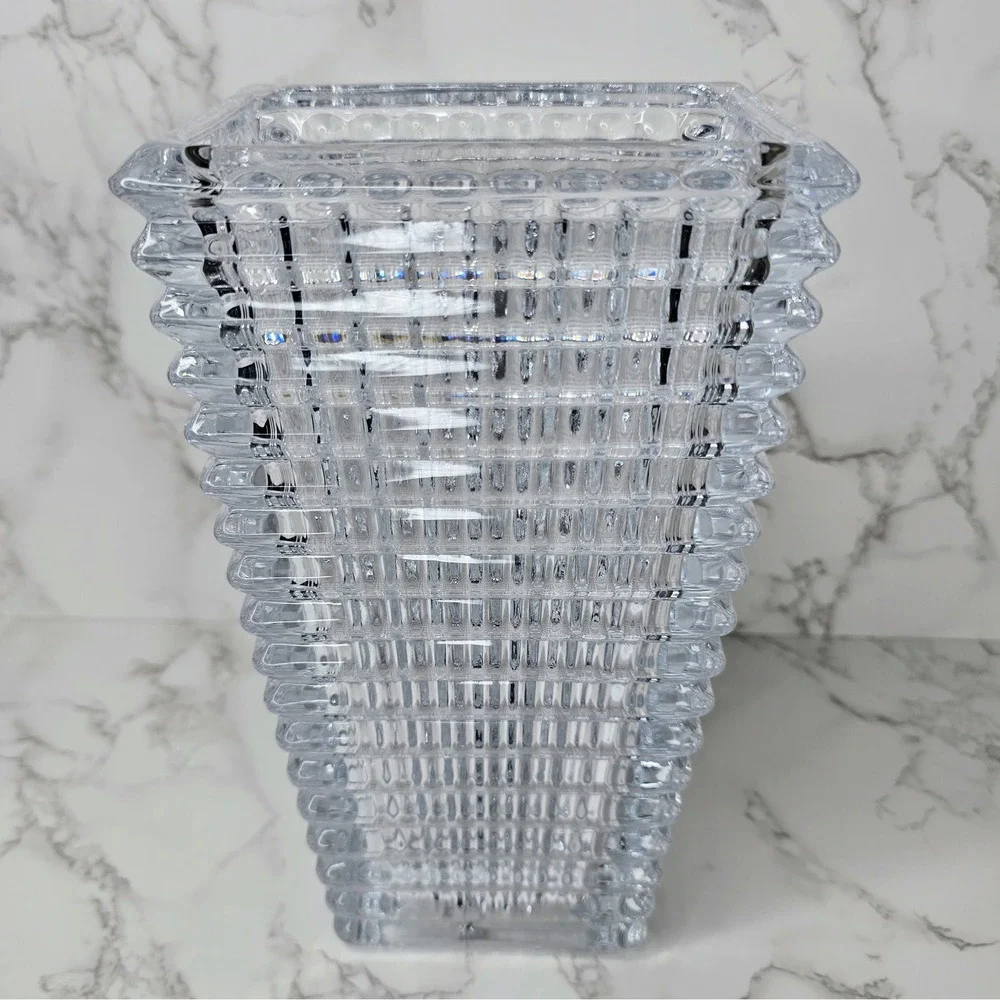 Heavy Clear Crystal Ribbed Tapered Rectangular Vase 10 Inch Modern Decor